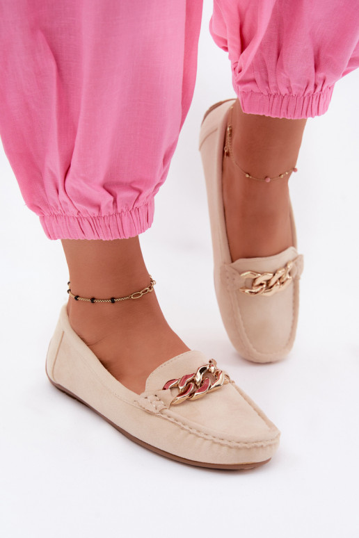 Mocasines dorados para mujer con cadena de ante sintético color arena Amaretto