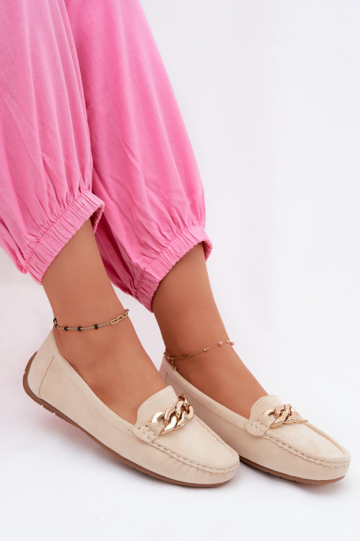 Mocasines dorados para mujer con cadena de ante sintético color arena Amaretto
