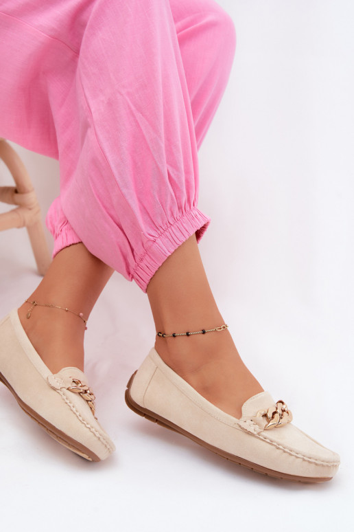 Mocasines dorados para mujer con cadena de ante sintético color arena Amaretto