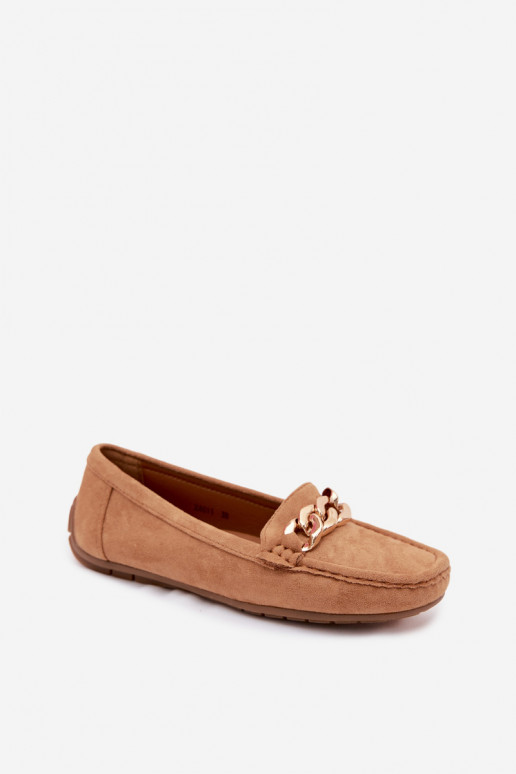 Mocasines dorados para mujer con cadena de ante sintético color marrón Amaretto
