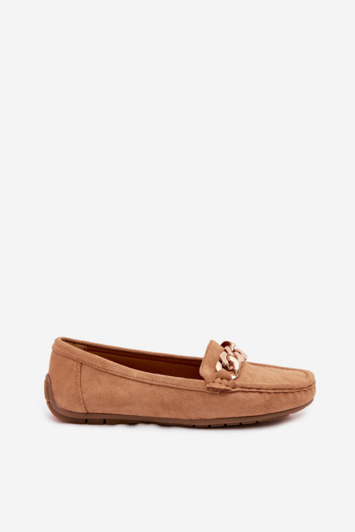 Mocasines dorados para mujer con cadena de ante sintético color marrón Amaretto