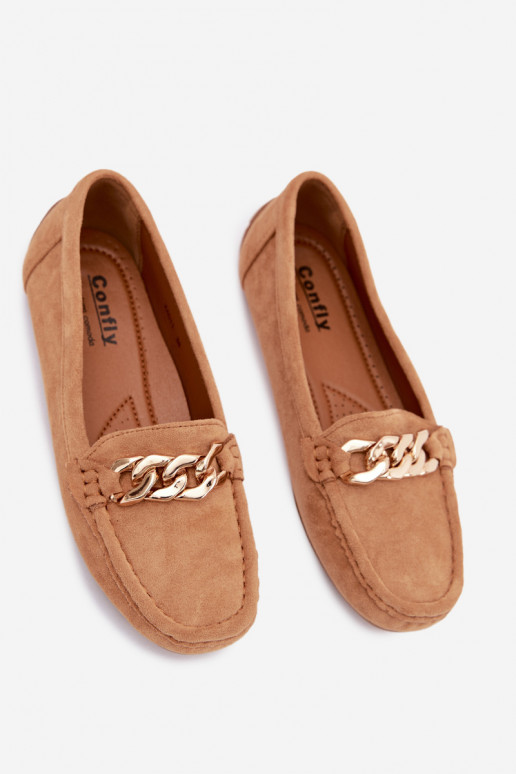 Mocasines dorados para mujer con cadena de ante sintético color marrón Amaretto