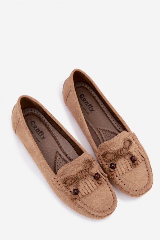 Mocasines planos para mujer con lazos y borlas de ante sintético color arena Bluebell