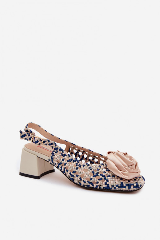 Sandalias de mujer con patrón, tacones y adornos Artiker 58C0372 color arena y azul oscuro