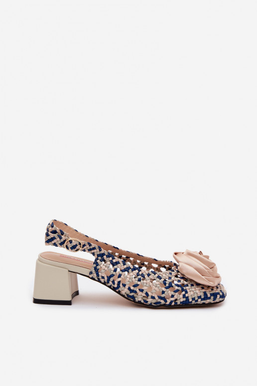 Sandalias de mujer con patrón, tacones y adornos Artiker 58C0372 color arena y azul oscuro