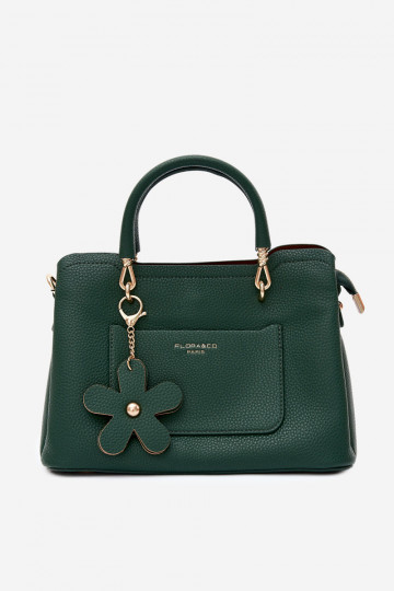 Bolso con llavero de cuero sintético con motivos florales en verde botella Noomi