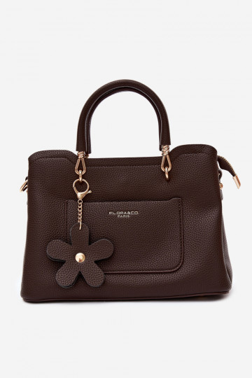 Bolso con llavero de cuero sintético con motivos florales en chocolate Noomi