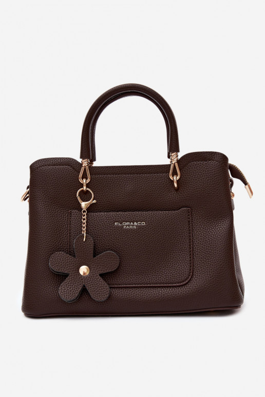 Bolso con llavero de cuero sintético con motivos florales en chocolate Noomi