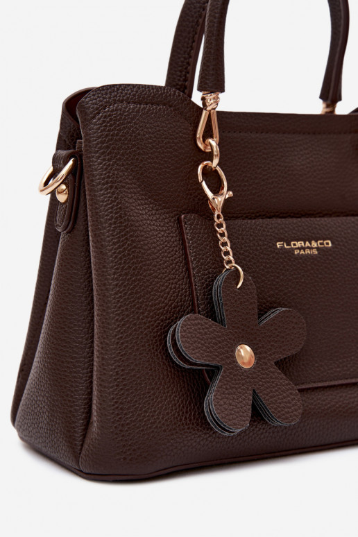 Bolso con llavero de cuero sintético con motivos florales en chocolate Noomi