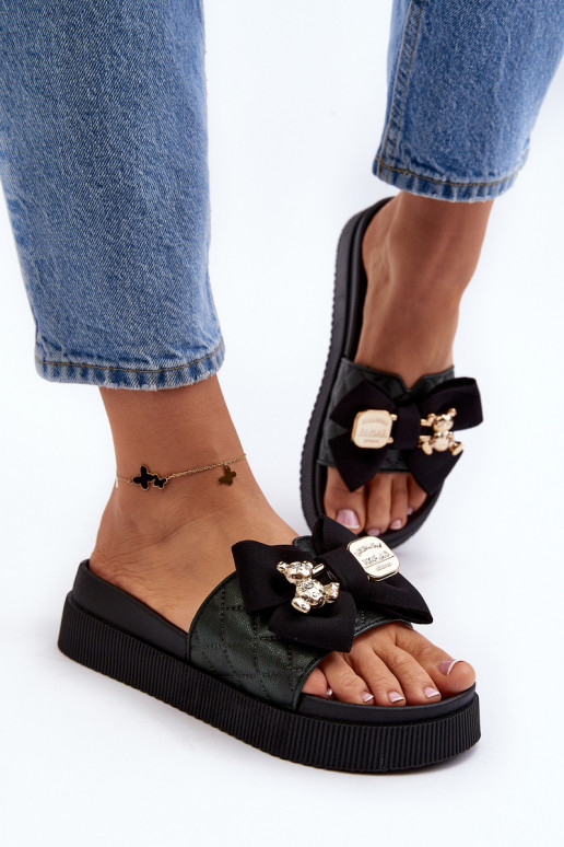 Zapatillas negras para mujer con lazos y ositos Katterina