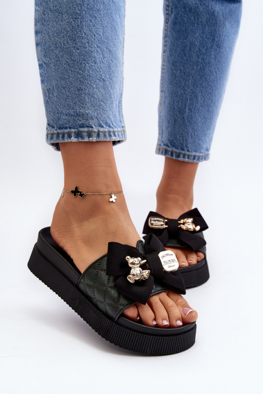 Zapatillas negras para mujer con lazos y ositos Katterina