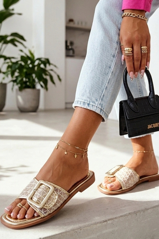 Zuecos dorados para mujer con caña de malla adornada Sibyl