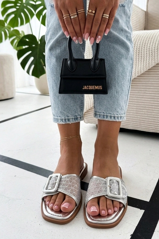 Zuecos plateados para mujer con parte superior de malla adornada Sibyl