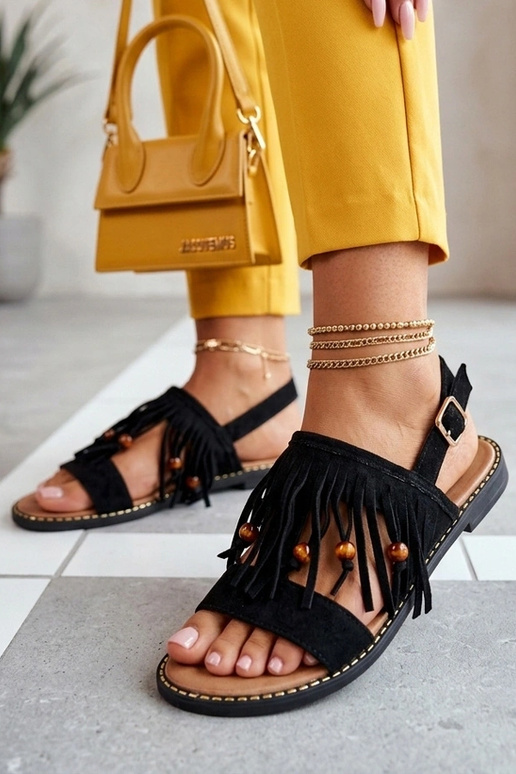Sandalias planas negras con flecos Gladys