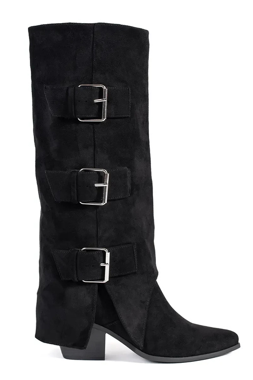 Botas negras de ante sintético de caña alta con hebillas