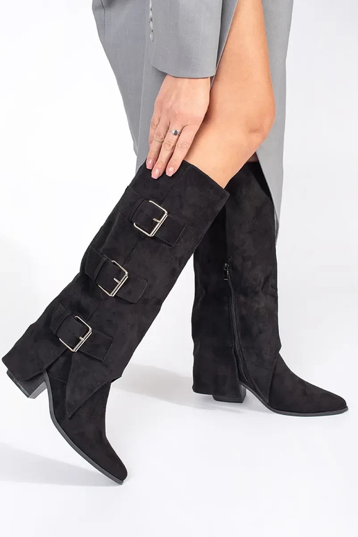 Botas negras de ante sintético de caña alta con hebillas