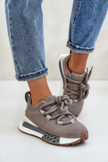 Zapatillas deportivas grises de ante artificial para mujer, con plataforma y cordones gruesos, Artiker 54C1463