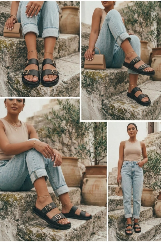 Zapatillas de mujer negras con hebillas doradas Vilja