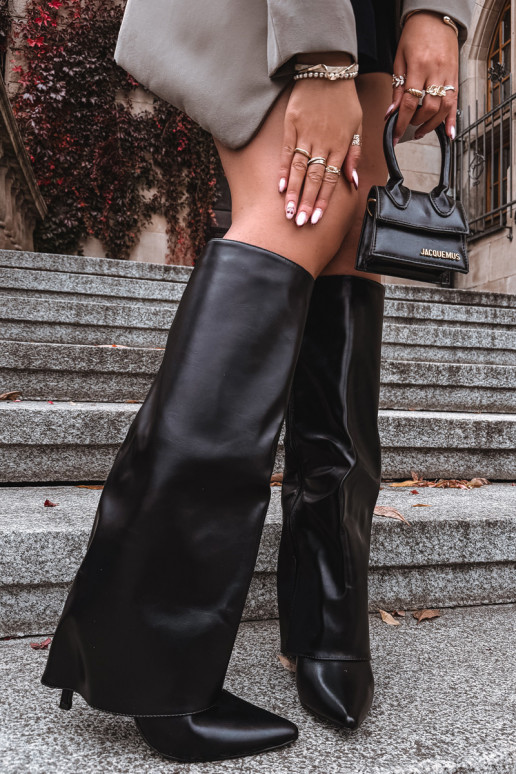 Botas largas calentitas con tacones finos y choleika cosida en negro Tamonia