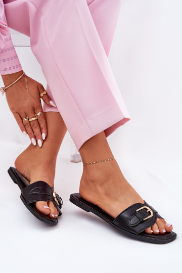 Chanclas planas de mujer con hebillas doradas en negro Esiobb