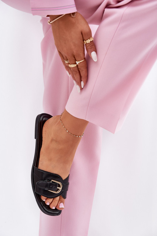 Chanclas planas de mujer con hebillas doradas en negro Esiobb