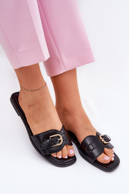 Chanclas planas de mujer con hebillas doradas en negro Esiobb