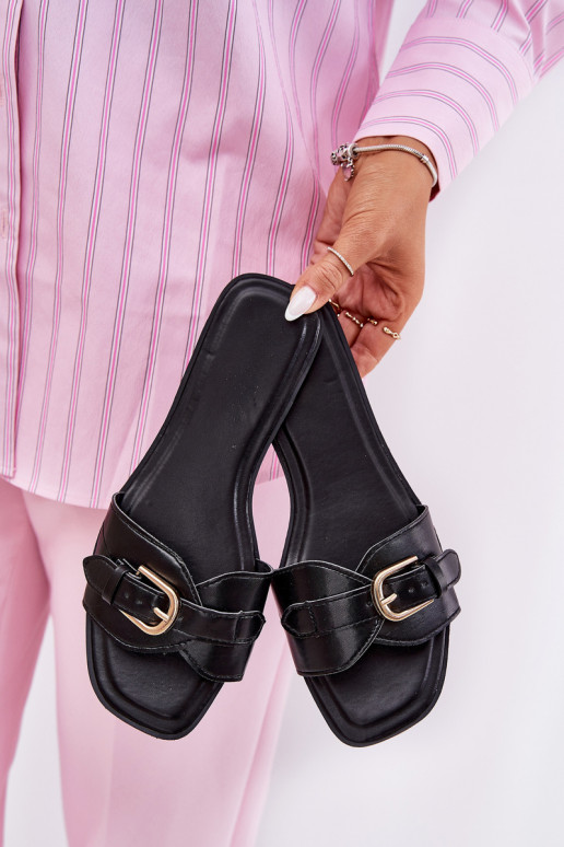 Chanclas planas de mujer con hebillas doradas en negro Esiobb