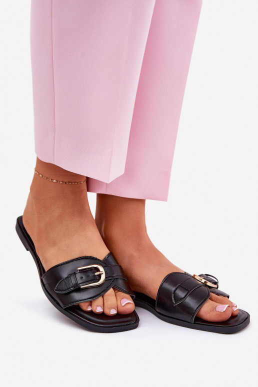Chanclas planas de mujer con hebillas doradas en negro Esiobb