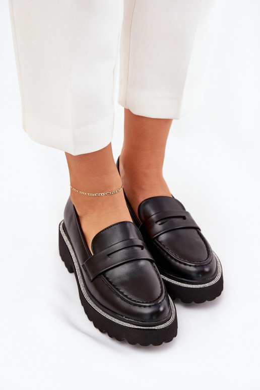 mocasines de mujer de cuero sintético con ojales brillantes en negro INilamla