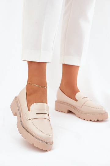 mocasines de mujer de cuero sintético con ojales brillantes en color arena INilamla