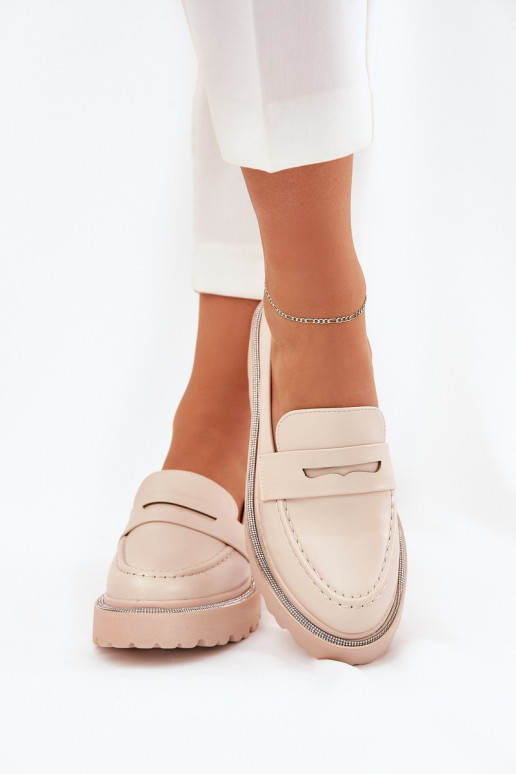 mocasines de mujer de cuero sintético con ojales brillantes en color arena INilamla