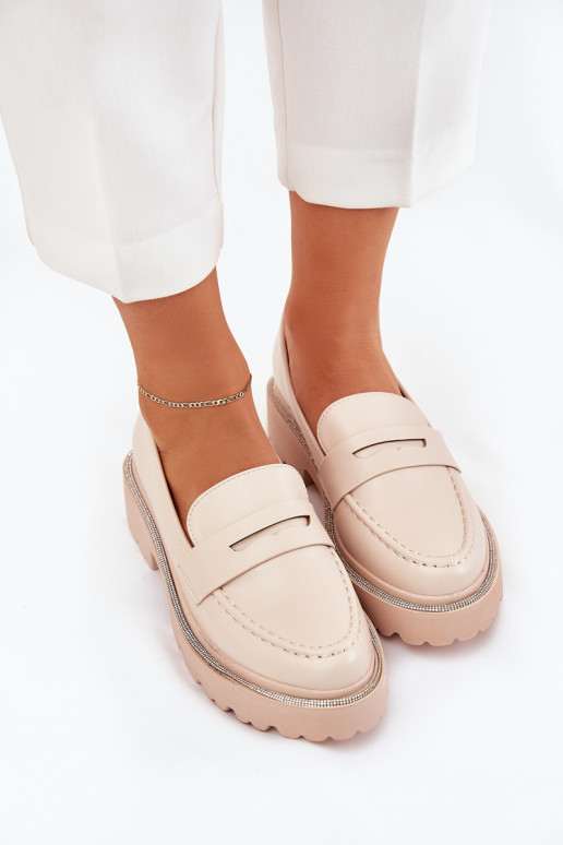 mocasines de mujer de cuero sintético con ojales brillantes en color arena INilamla