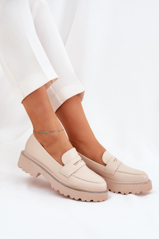 mocasines de mujer de cuero sintético con ojales brillantes en color arena INilamla