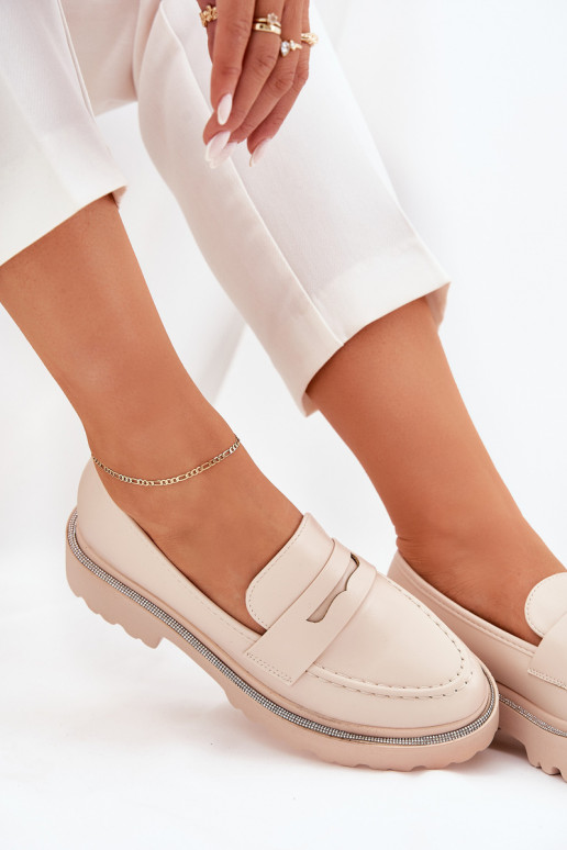 mocasines de mujer de cuero sintético con ojales brillantes en color arena INilamla
