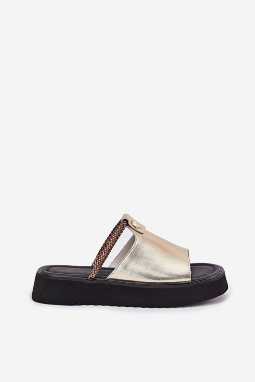 chanclas de cuero para mujer con plataforma y tacones decorados en dorado D&A MK51-475