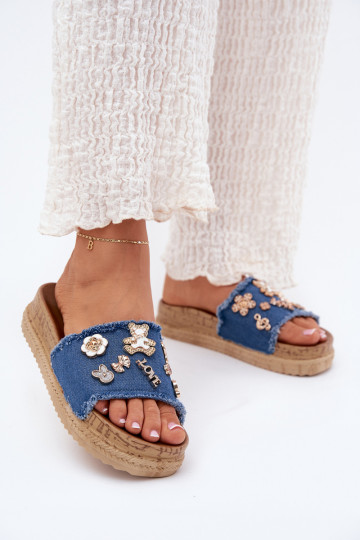 Chanclas de mujer en oro con plataforma en azul oscuro Rigasta