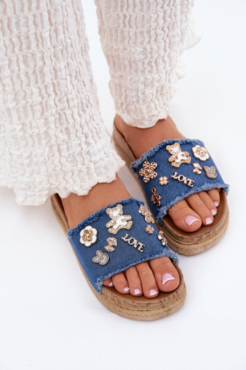 Chanclas de mujer en oro con plataforma en azul oscuro Rigasta 2
