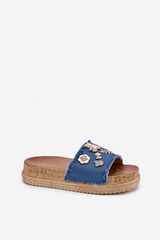 Chanclas de mujer en oro con plataforma en azul oscuro Rigasta