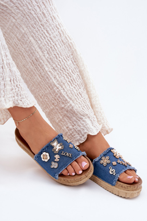 Chanclas de mujer en oro con plataforma en azul oscuro Rigasta