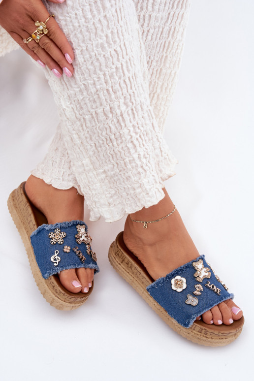 Chanclas de mujer en oro con plataforma en azul oscuro Rigasta