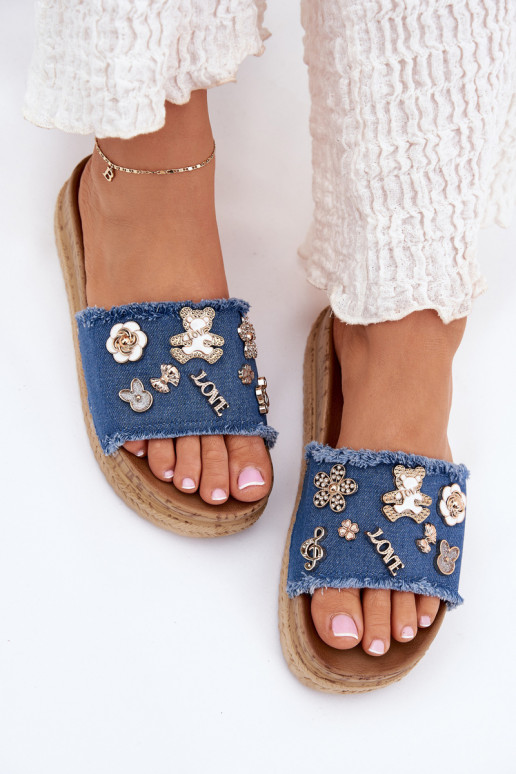 Chanclas de mujer en oro con plataforma en azul oscuro Rigasta
