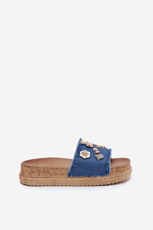 Chanclas de mujer en oro con plataforma en azul oscuro Rigasta