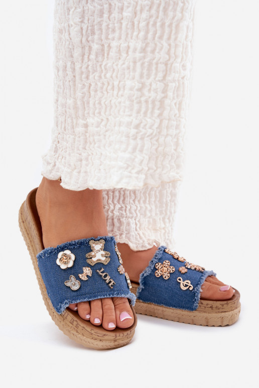 Chanclas de mujer en oro con plataforma en azul oscuro Rigasta