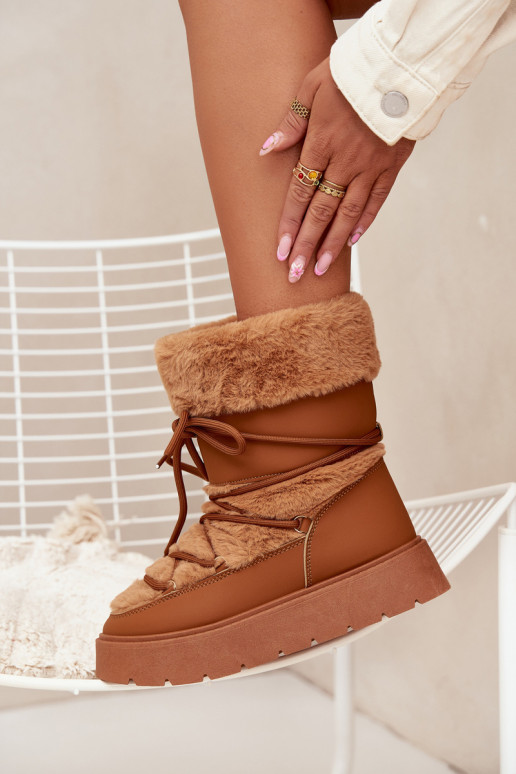 Botas de nieve para mujer con piel y cordones en marrón Tai turirinna