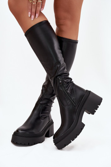 Botas altas de mujer con tacones gruesos y plataforma, de tipo slip-on, negras Florinne