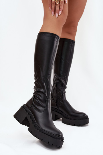 Botas altas de mujer con tacones gruesos y plataforma, de tipo slip-on, negras Florinne 2