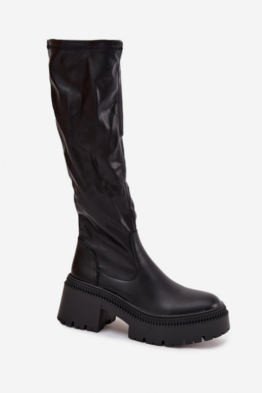 Botas altas de mujer con tacones gruesos y plataforma, de tipo slip-on, negras Florinne