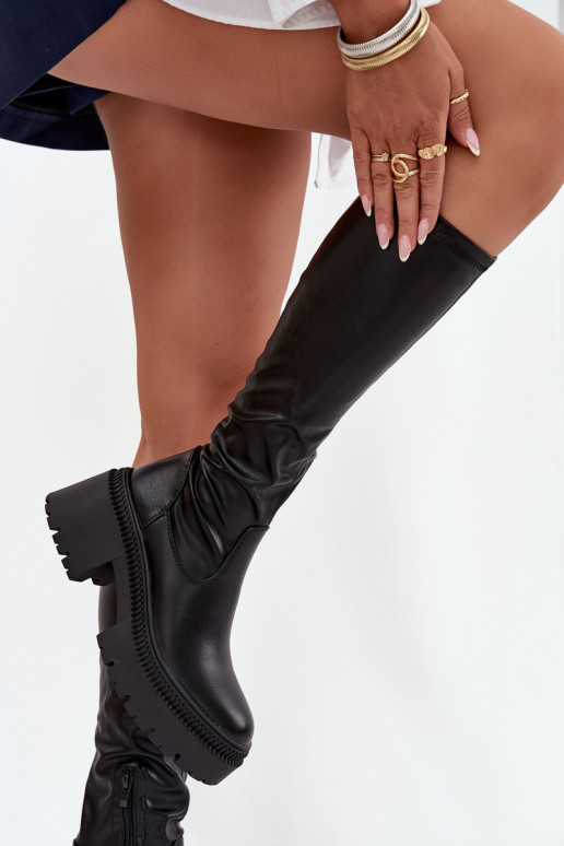 Botas altas de mujer con tacones gruesos y plataforma, de tipo slip-on, negras Florinne