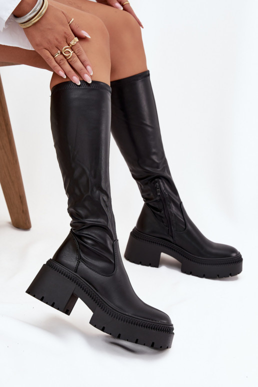 Botas altas de mujer con tacones gruesos y plataforma, de tipo slip-on, negras Florinne