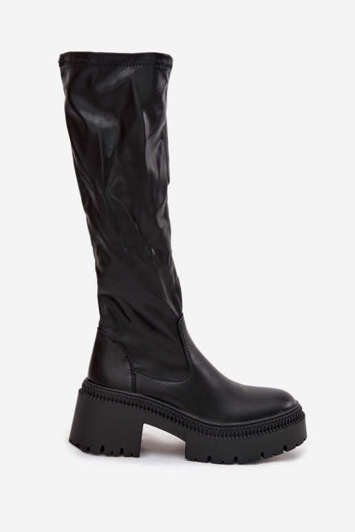 Botas altas de mujer con tacones gruesos y plataforma, de tipo slip-on, negras Florinne